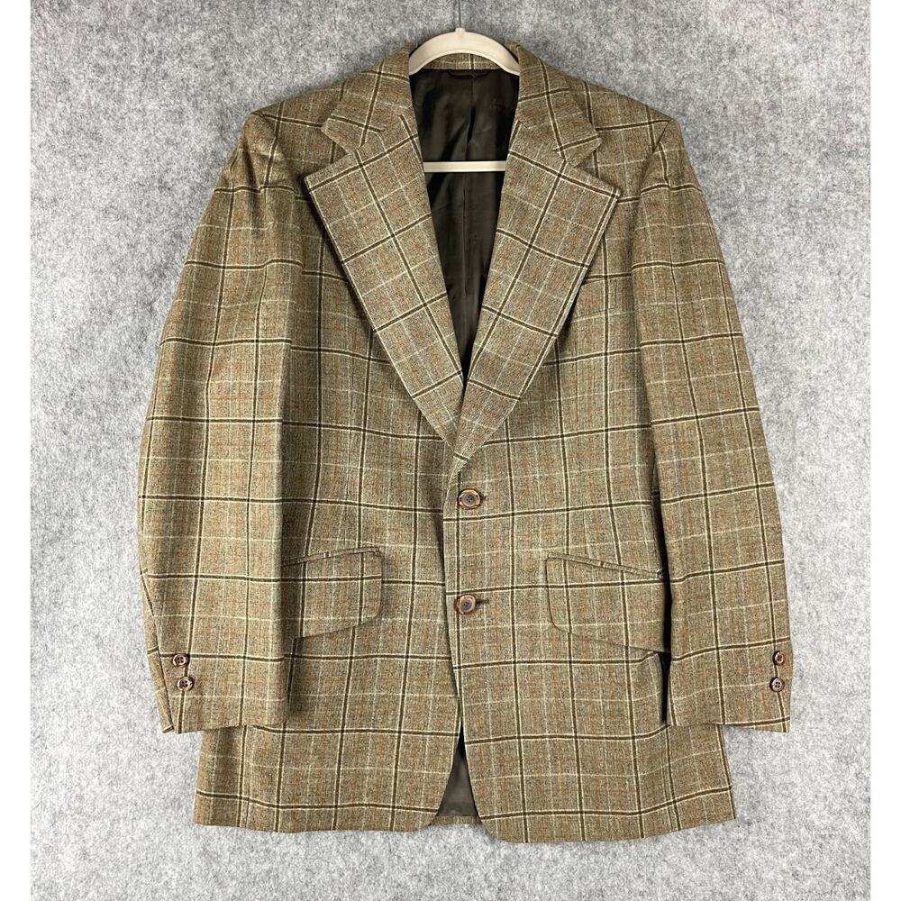 Vintage Hardy Amies Blazer Sport Coat Mens 40R Tan Plaid Wide‎ Lapel Academia